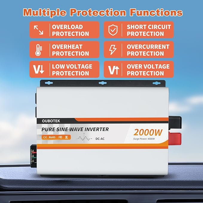 2000W Pure Sine Wave Inverter 24V DC to 120V AC Converter for Truck Boat Camping Outdoor Solar System, 2000 Watt Power Inverter with LCD Display, Remote Controller, USB Port, 4 AC Outlets
