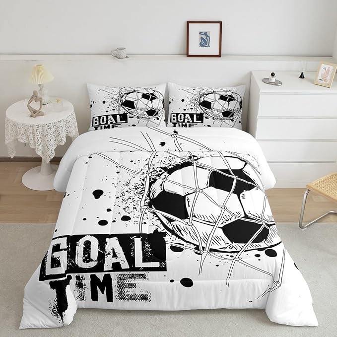 Erosebridal Kids Football Comforter Set Queen Size American Soccer Bedding Set Sports Games Duvet Sets for Boys Girls Children Teens Geometric Polygon Down Comforter for Bedroom, Black White