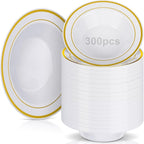 Jinei 300 Pieces Plastic Bowls with Gold Rim 6 oz Disposable Small Salad Plastic Candy Bowls for Dessert Salad Soup Wedding Catering Holidays Party Supplies