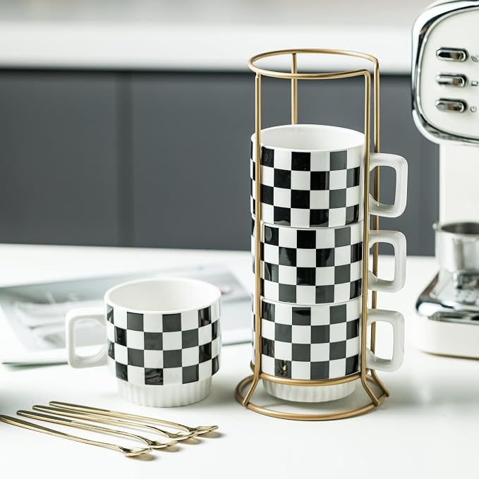 Miamolo Stackable Coffee Mug Set of 4 with Rack and Spoons, Space-saving | 11 oz, Ceramic | Checkered Black and White Pattern | for Coffee Tea Cocoa Milk, Housewarming Gift | Dishwasher Microwave Safe