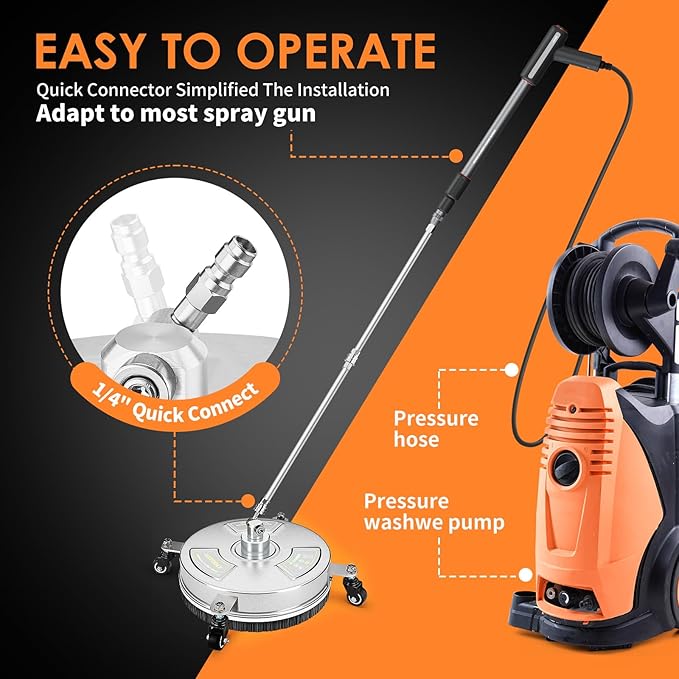 14" Pressure Washer Surface Cleaner, Stainless Steel Power Pressure Washer Attachment for Concrete, Patio, Driveway, Deck Cleaning, 2 Extension Wand Accessories, 1/4" Quick Connect, 4000 PSI