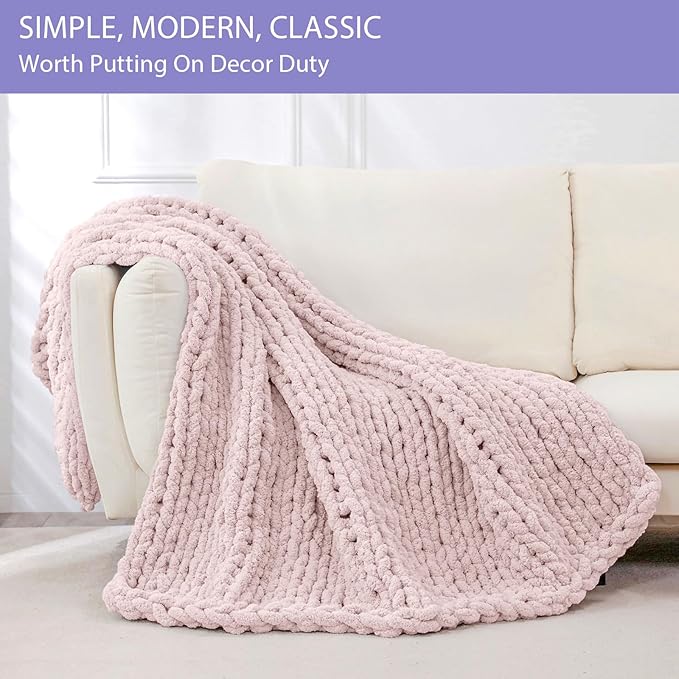 Bigacogo Chunky Knit Throw Blanket for Couch, 40x80 inches, 100% Hand Knitted with Thick Jumbo Chenille Yarn, Cozy Soft Large Rope Knot Cable Crochet Blankets for Sofa Bed Living Room, Rose Tan