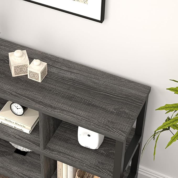 FOLUBAN 6 Cube Storage Organizer with Shelf, Wood and Metal Cubby Bookcase, Industrial Low Horizontal Bookshelf (Dark Grey, 47 Inch)