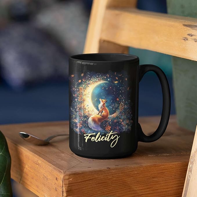 Personalized Name Ceramic Mug, Enchanted Forest Themed Decorative Cup, Custom Cute Fox With Crescent Moon Mug, Customized Floral Fox Coffee Cup 11oz 15oz, Animal Black Mug For Kids