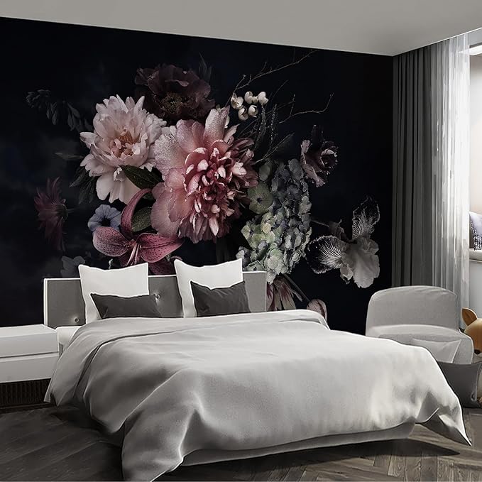 Black Floral Wall murals Peel and Stick Flowers Wallpaper for Bedroom Living Room - 108"x157"