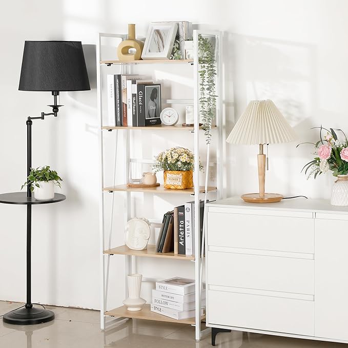 No-Assembly Folding Bookshelf Storage Shelves 5 Tiers Foldable Vintage Multifunctional Plant Flower Stand Storage Rack Shelves Bookcase for Home Office, White