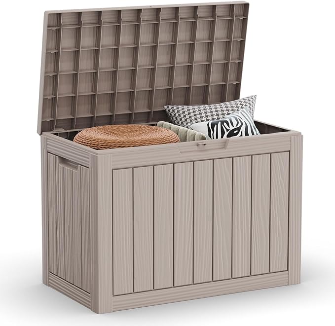45 Gallon Resin Deck Box, Waterproof Outdoor Storage Bin for Patio, Poolside, and Garden, Lockable & UV-Resistant, Ideal for Small Spaces, Grey