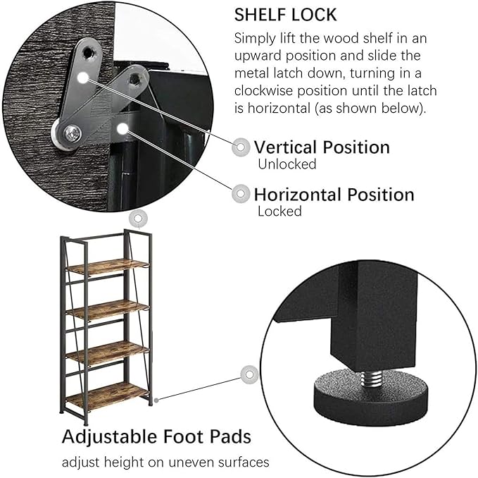 No-Assembly Folding Bookshelf Storage Shelves 4 Tiers Vintage Multifunctional Plant Flower Stand Storage Rack Shelves Bookcase for Home Office (Fire Board)