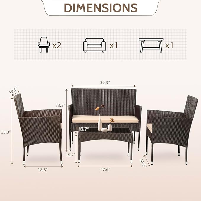 FDW Patio Furniture Set 4 Pieces Outdoor Rattan Chair Wicker Sofa Garden Conversation Bistro Sets for Yard (Brown)