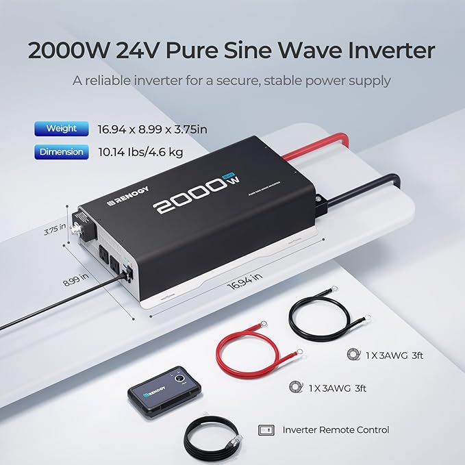 Renogy 2000W 24V Pure Sine Wave Inverter, 4000W Peak Power, 92% Energy Efficiency, with 2 AC Outputs, Remote Control, RV Truck Marine Camping