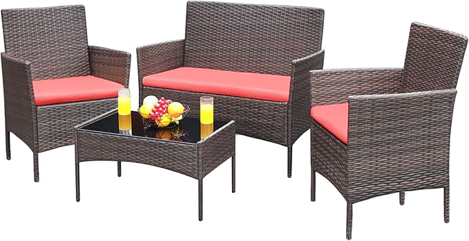 Greesum Patio Furniture 4 Pieces Conversation Sets Outdoor Wicker Rattan Chairs Garden Backyard Balcony Porch Poolside loveseat with Soft Cushion and Glass Table, Brown and Red