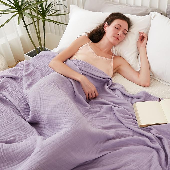 EMME Cotton Throw Blanket for Couch Soft Airy Muslin Bed Blankets Lightweight Breathable Blanket All Season Gauze Blanket, Lavender
