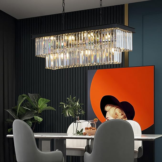 Crystal Chandeliers for Dining Room 11-Light Black Modern Chandelier Rectangle Contemporary Pendant Light Fixture for Kitchen Island Bar L33.5 Inch