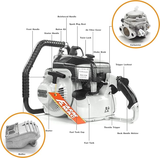 FARMMAC F070W Gas Chainsaw with 42 Inch Alloy Solid Bar, 105cc 2-Cycle Gasoline Power Chain Saws, 4.8KW 6.5HP Power Chain Saw, All Parts Compatible with MS070 090 (F070W WITH 42 INCH BAR/CHAIN)