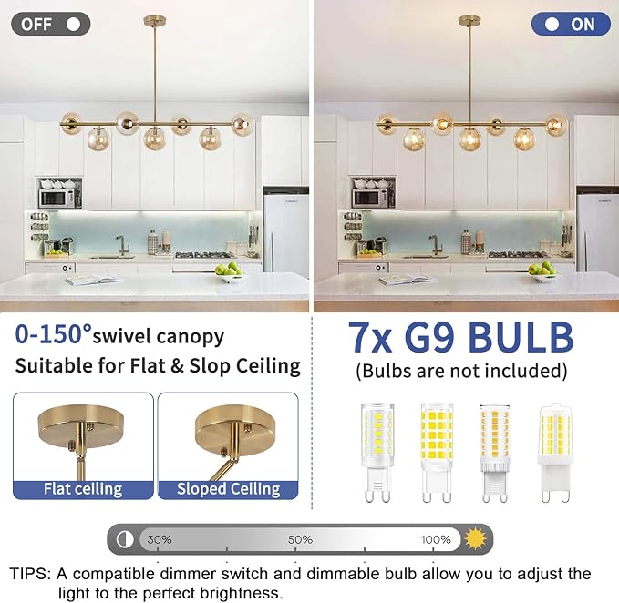 Modern Linear Sputnik Chandelier, Gold Pendant Light Fixture with 7 Amber Glass Globes for Dining Room Light Fixture, Kitchen Island Lighting, Living Room Chandelier, Bedroom, Foyer