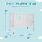 Folding Full Size Convenience Crib In White, Two Adjustable Mattress Height Positions, Comes With Heavy Duty Locking Wheels, Flat Folding Crib