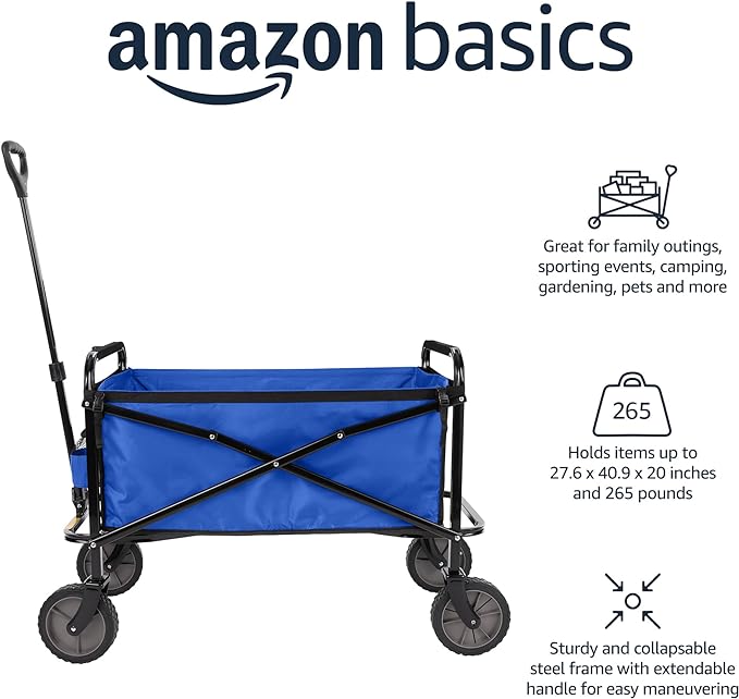 Amazon Basics Collapsible Folding Heavy Duty Utility Wagon for Outdoor Sports, 265 pounds Weight Capacity, Camping, Garden, and Shopping, 27.6 x 40.9 x 20 inches, Blue