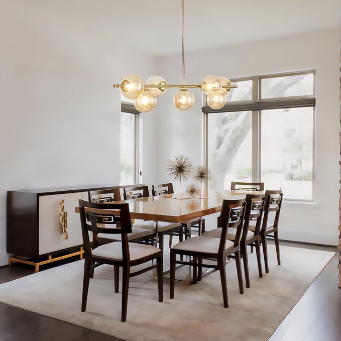 Modern Linear Sputnik Chandelier, Gold Pendant Light Fixture with 7 Amber Glass Globes for Dining Room Light Fixture, Kitchen Island Lighting, Living Room Chandelier, Bedroom, Foyer