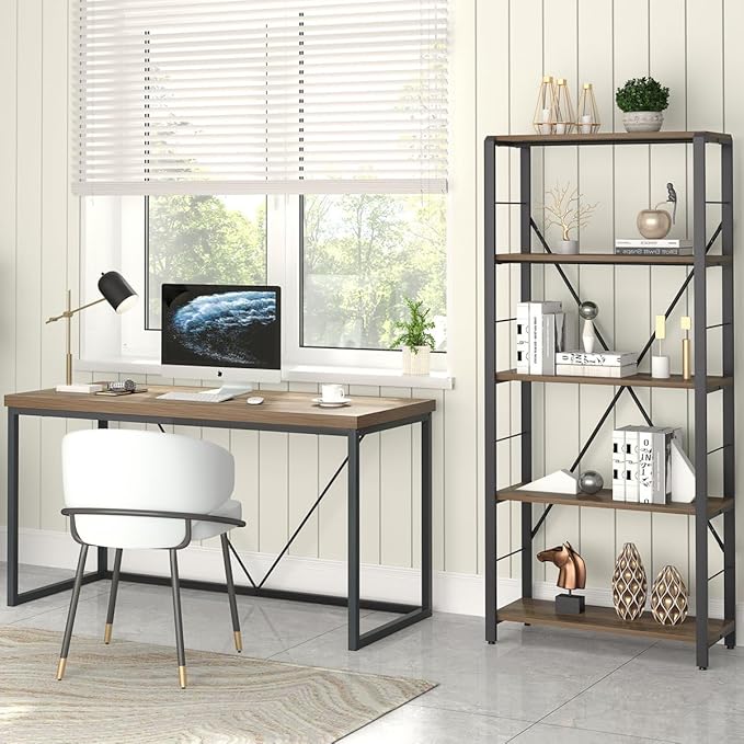 FOLUBAN 5 Tier Tall Bookshelf, Industrial Vintage Book Shelf, Rustic Wood and Metal Bookcase for Home Office Bedroom, Oak