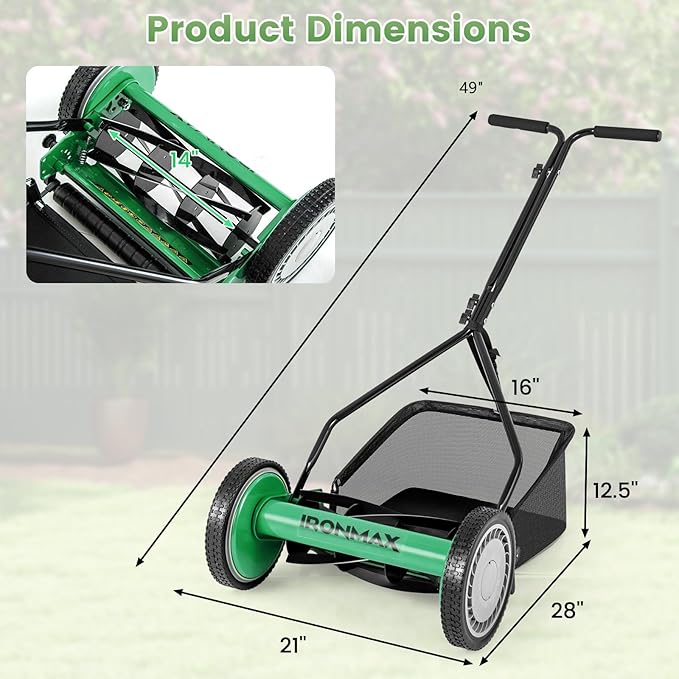 Goplus Manual Lawn Mower, 14 Inch 5-Blade Walk-Behind Cordless Grass Cutter with 7 Gallon Removable Grass Collect Bag, Adjustable Cutting Heights, Push Reel Lawn Mower for Yard, Garden