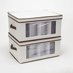 Household Essentials Wine Glass Storage Box in Strong Frame, Handles, Windowed Panel and 12 Compartments, Cream with Brown Trim