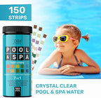 JNW 7-in-1 Pool Test Strips, 150 Quick & Accurate Test Strips for Pool Water, Spa Test Strips for Hot Tub, Chlorine Test Strips, Bromine, pH, Alkalinity, Hardness & More - Swimming Pool Test Kit