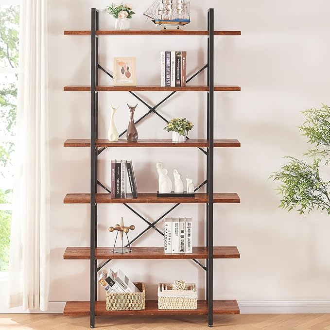 HSH Solid Wood Bookshelf, 6 Tier Tall Industrial Etagere Bookcase and Storage Shelves Heavy Duty, Rustic Large Open Vertical Metal Natural Real Wood Book Shelf for Bedroom Living Room Distressed Brown
