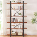 HSH Solid Wood Bookshelf, 6 Tier Tall Industrial Etagere Bookcase and Storage Shelves Heavy Duty, Rustic Large Open Vertical Metal Natural Real Wood Book Shelf for Bedroom Living Room Distressed Brown