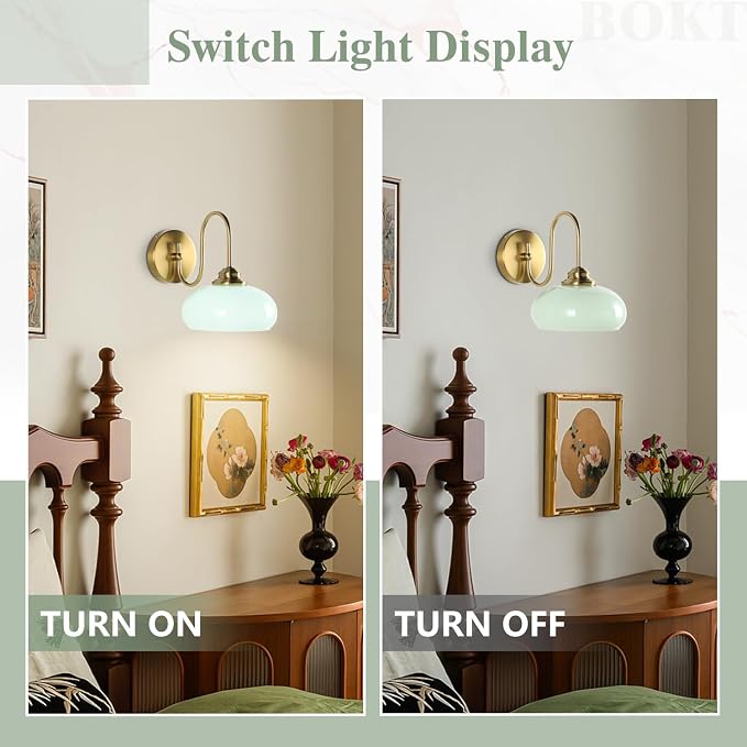 Mid Century Wall Sconce Green Glass Globe Wall Lamp for Dining Room Modern Gold Semi Flush Mount Hard-Wired Wall Light Fixture for Hallway, Kitchen, Indoor Use