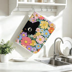 Black Cat Floral Dish Drying Mat for Kitchen Counter Coffee Bar 18x24 in | Non Slip Absorbent Kitchen Dishes Drainer Mat, with Anti-slip Rubber Backing & Hanging Loop, Decor for Sink, Cat Theme Gifts
