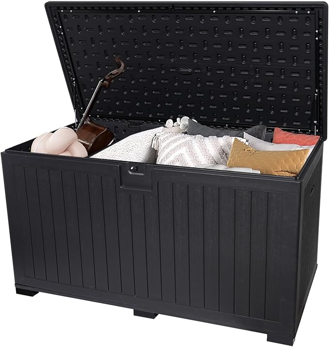 KUIKUI 320 Gallon Deck Box Waterproof, Extra Large Outdoor Storage Box Lockable with Divider and Lifter Prevent Water Seeping into from Floor for Patio Cushions