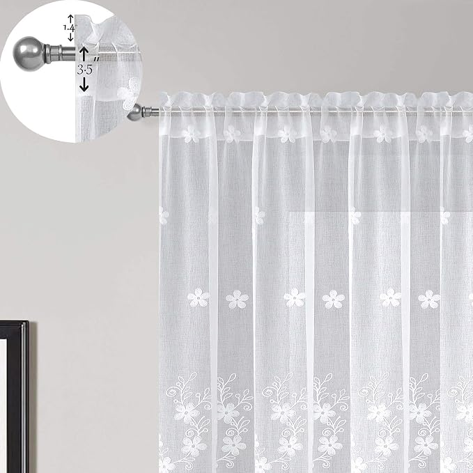 Semi-Sheer Elegant Embroidered Solid White Rod Pocket Window Curtains/Drape/Panels/Treatment 54 x 84,Two Panels