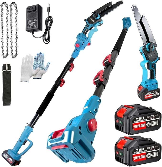 2-In-1 Electric Pole Saws for Tree Trimming, 8 Inch Mini Chainsaw with Extension Pole and 2×4.0Ah Battery Powered, Brushless Motor, Max 16FT Cordless Pole Saw, Tree Trimmer Limb Branch Cutter Pruner