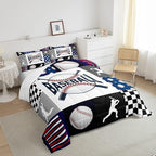 Baseball Bedding,Kids Sports Baseball Comforter Set For Boys Girls Twin Size,Teen Baseball Quilt Set Sport Fans Room Decor,Patchwork Geometric Checkered Comforter Balck white Navy Blue 1 Pillowcase