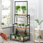 Ufine Bamboo Hanging Plant Stand 3 Tier Ladder Shelf with Hanging Rod Height Adjustable Flower Pot Display Organizer for Balcony Porch Living Room
