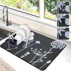 Dish Drying Mat for Kitchen Counter, 12"x19" Rubber Backed (Gray Daisy) | Hide Stain Anti Absorbent for Kitchen Counter, Non-slip Drying Mat for Coffee Machine Dish Rack
