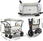 Foldable Wagon with Canopy - Collapsible Utility Cart with 2 Seats & Belts, Adjustable Handle, Expandable Front for Camping, Picnic, Shopping (Beige)