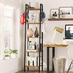 YMYNY 5 Tiers Ladder Bookcase, Industrial Narrow Bookshelf, Open Display Rack with 4 S Hooks, Metal Storage Shelves for Bedroom, Home Office, Living Room, Rustic Brown, 63H*13.4L*11.8W, UHBC025H