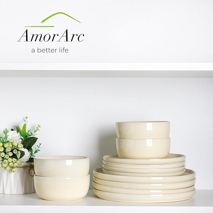 AmorArc Stoneware Dinnerware Sets for 4,Round Reactive Glaze Ceramic Plates and Bowls Set,Highly Scrath Resistant | Dishwasher & Microwave Safe Dishes Set,Service for 4 (12pc)