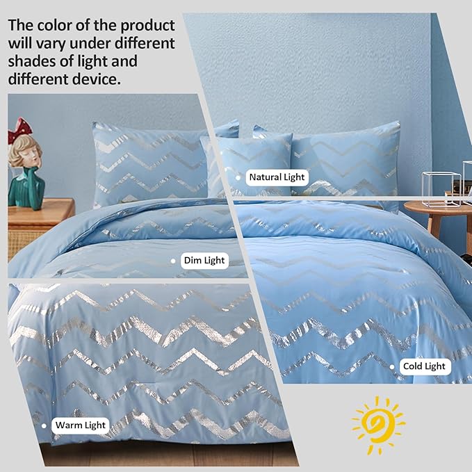 Blue/Silver Comforter Set Twin, Metallic Print Glitter Bedding Set Cute Shinny Bed Sets for Teen Girls Kids Women, 3 Piece (1 Pillowcase, 1 Decorative Pillow Sham)