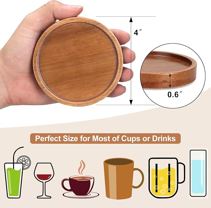 Wooden Coaster Set of 6 Coffee Table Decor Bar Cup Drink Coasters Holder | Acacia Wood Coaster Coffee Bar Accessories Kitchen and Dining Room Outdoor Costers Modern Cute Beer Rustic Farmhouse Decor