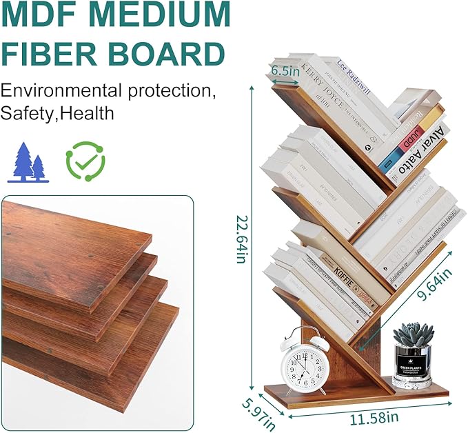 Tree Bookshelf, 5 -Tier Book Storage Organizer Shelves Floor Standing Bookcase, Wood Storage Rack for Office Home School Shelf Display for Cd/Magazine (Rustic Brown)
