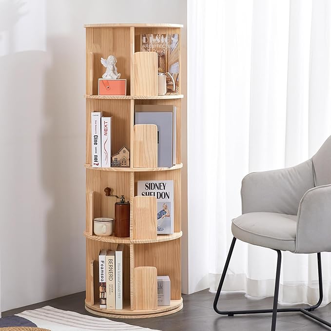 4 Tier Rotating Bookshelf 360 Display, Spinning Bookshelf Tower for Kids, Side Table, Floor Standing Bookcase Dtorage Rack, Circular Bookshelf Rotating for Living Room Study Room Office