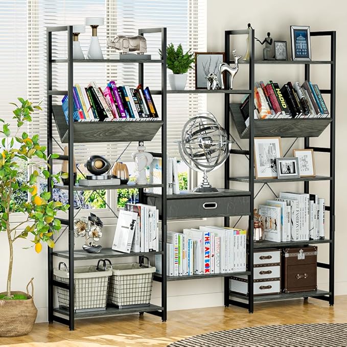 NUMENN Triple Wide 5 Tier Bookshelf, Adjustable Rustic Industrial Style Book Shelves, Modern Bookcases and Bookshelves Furniture for Bedroom, Living Room and Home Office, Dark Grey