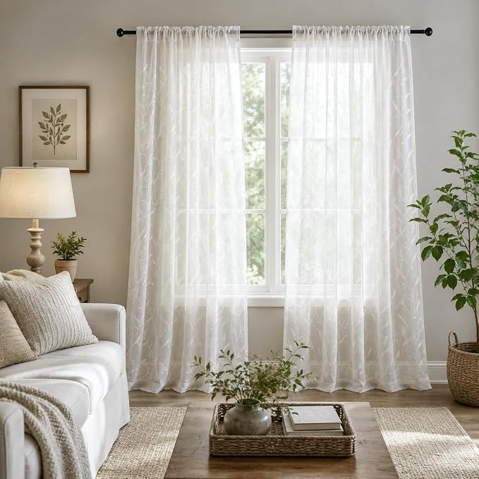 White Rod Pocket Sheer Curtains 96 inches Length Embroidered Window Curtain Sheer Voile Panels for Living Room & Bedroom, 60x96, Two Panels