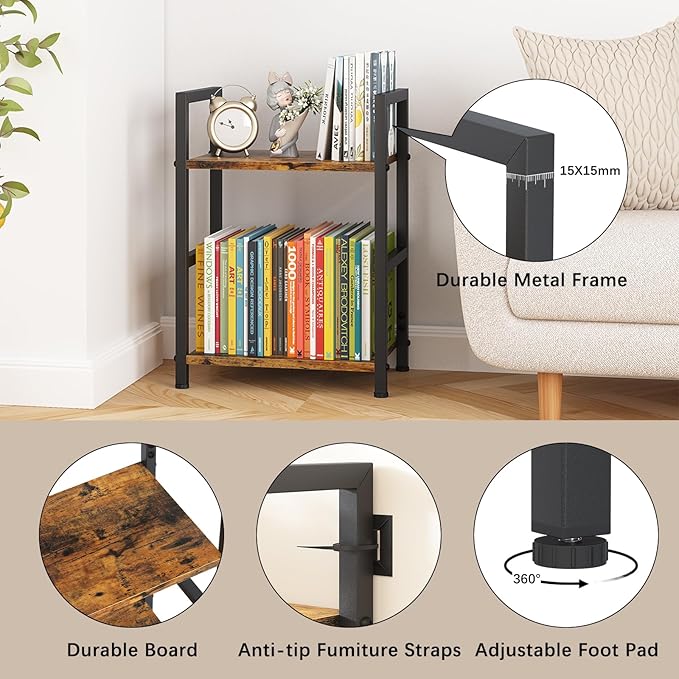 Small Bookshelf for Small Space, 2 Tier Industrial Bookcase,Narrow Book Case Storage Organizer Book Shelf for Living Room, Bedroom and Office, Easy Assembly(2 Tier,Rustic Brown)