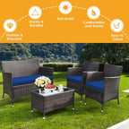 Goplus 4-Piece Rattan Patio Set, Outdoor/Indoor Wicker Conversation Set for Pool, Backyard, Lawn, Wicker Chairs and Sofa with Soft Cushion, Rattan Furniture with Tempered Glass Coffee Table