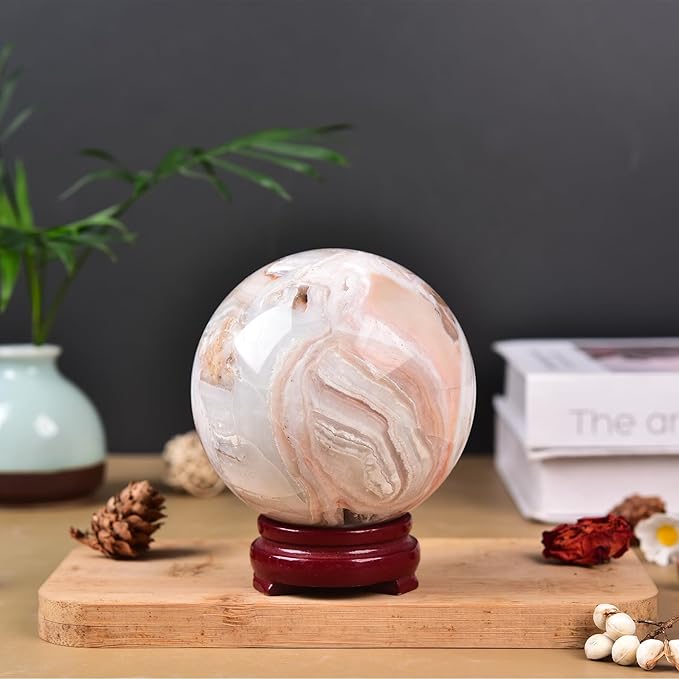 JIC Gem Extra Large Pink Agate Crystal Sphere,Decorative Crystal Ball Pink Gemstone Sphere for Meditation,Office Table Decorations 100-110mm