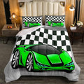 Racing Car Comforter Set, Cool Speed Race Car Down Comforter Twin for Kids Boys Girls Teens Bedroom, Automobile Extreme Sport Bedding Set Plaid Checkered Duvet Sets with 1 Pillowcase, Grey Green