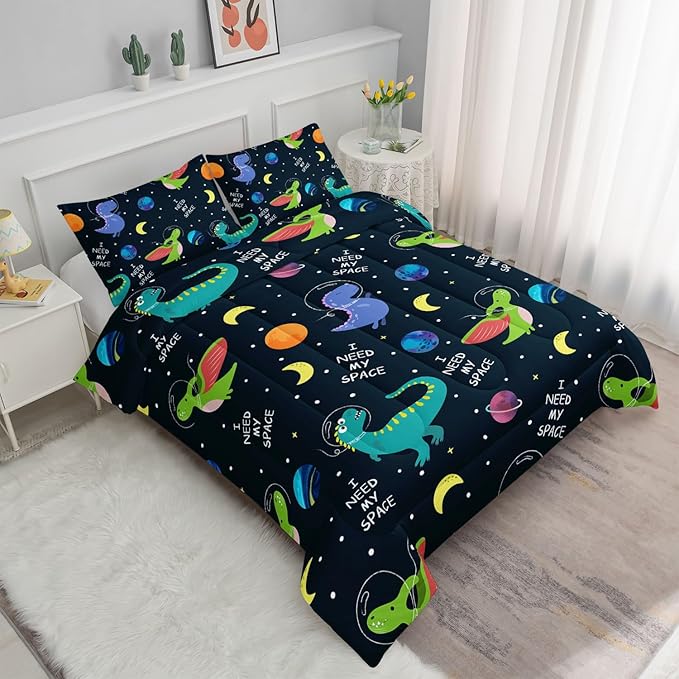 Datura home Dinosaur Space Dinos Comforter Bedding Set for Boys Kids Children,Celestial Bodies Colorful Dinosaur Print Bedding Set with 1 Comforter and 2 Pillowcases(Dinosaur Queen)